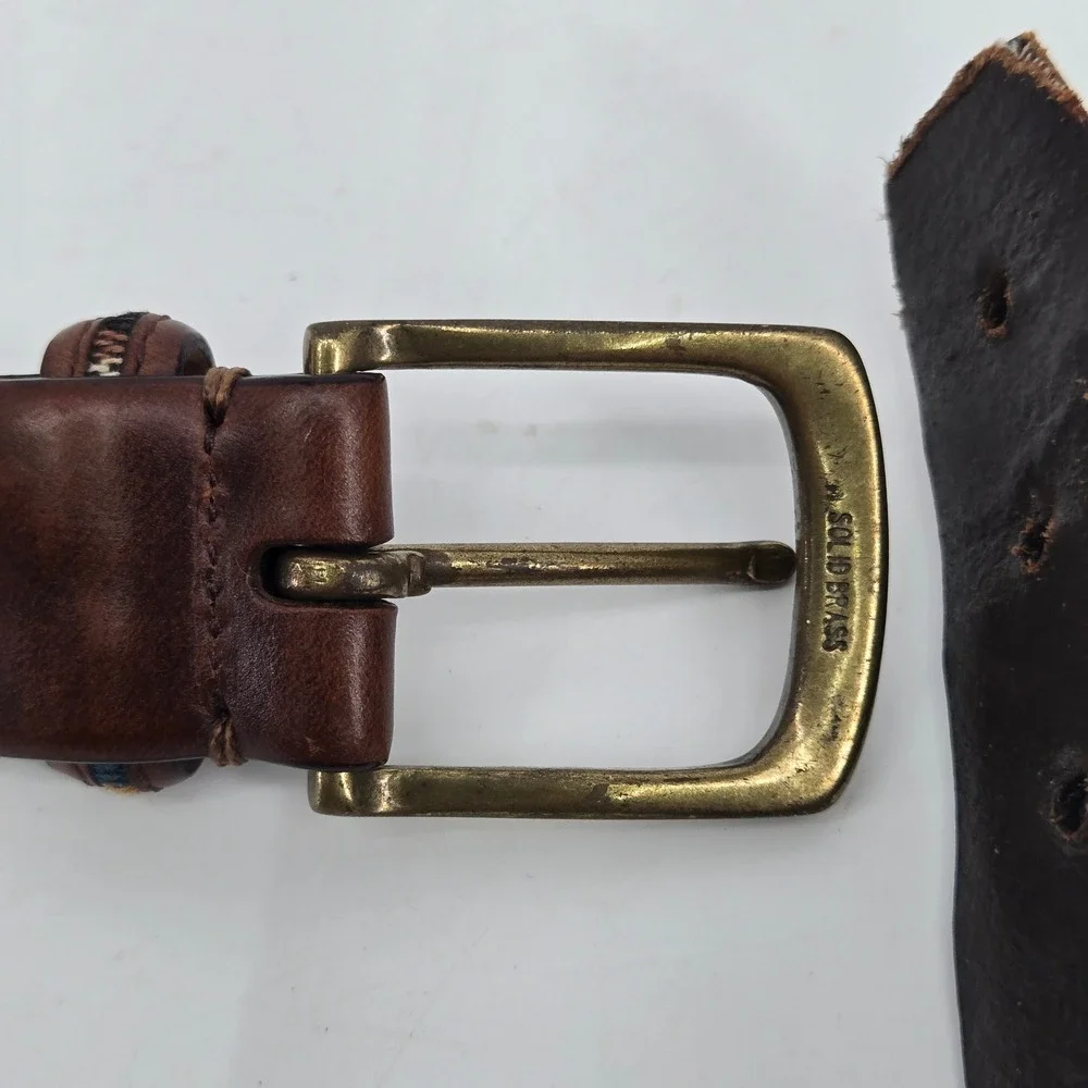 Columbia Mens Brown Leather Belt Woven Tapestry Inlay Modified Cut Tip Size 38